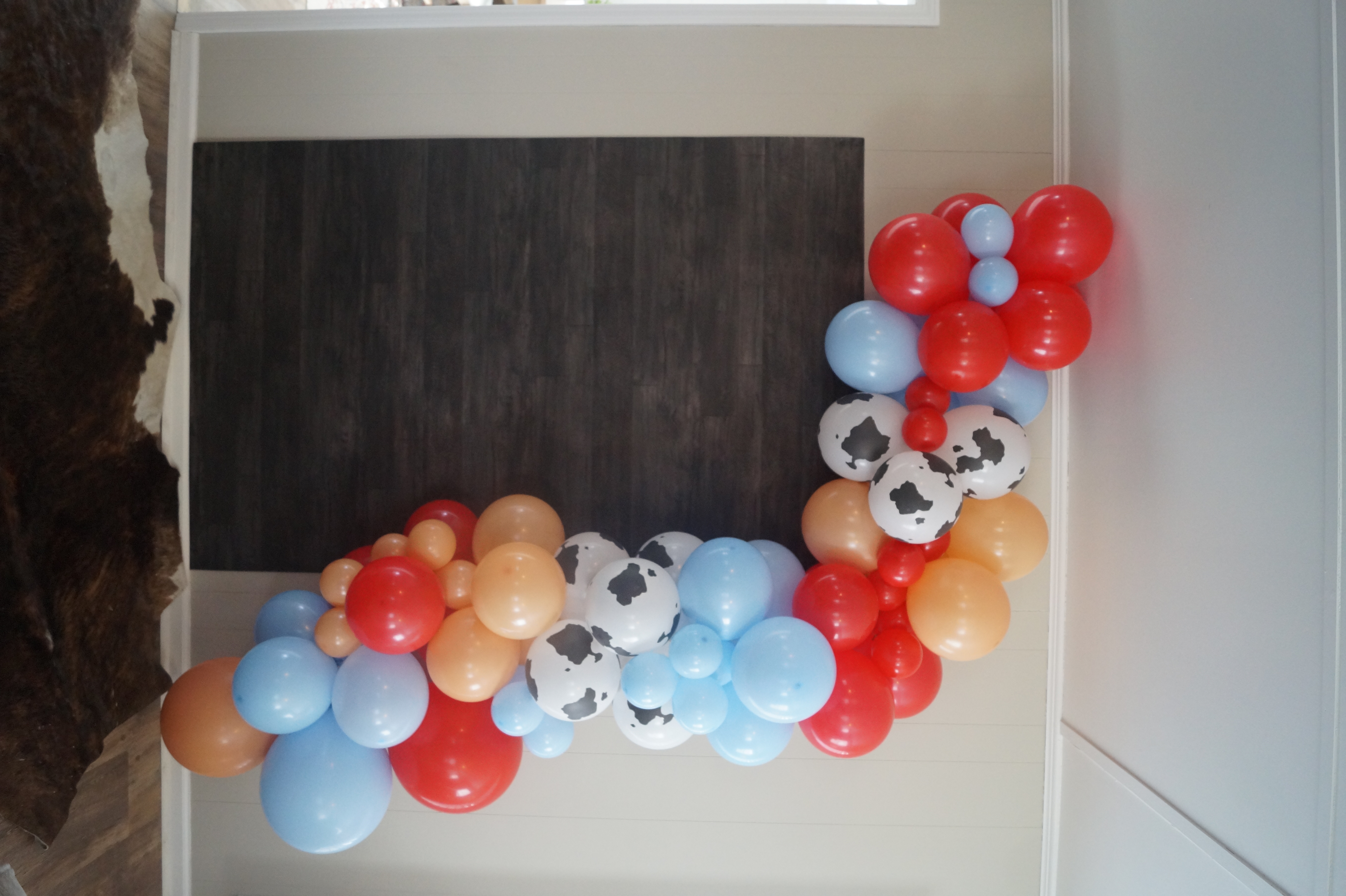 Barn wood backdrop with rodeo themed balloon garland