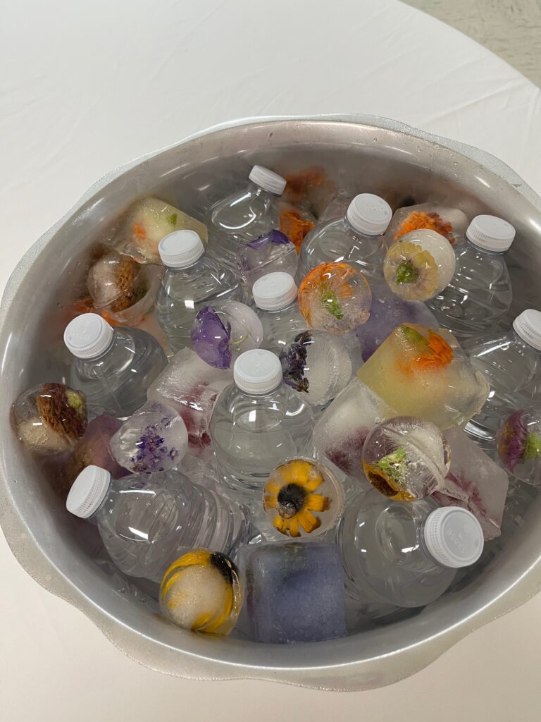 floral ice cubes in a bucket with bottled water. 