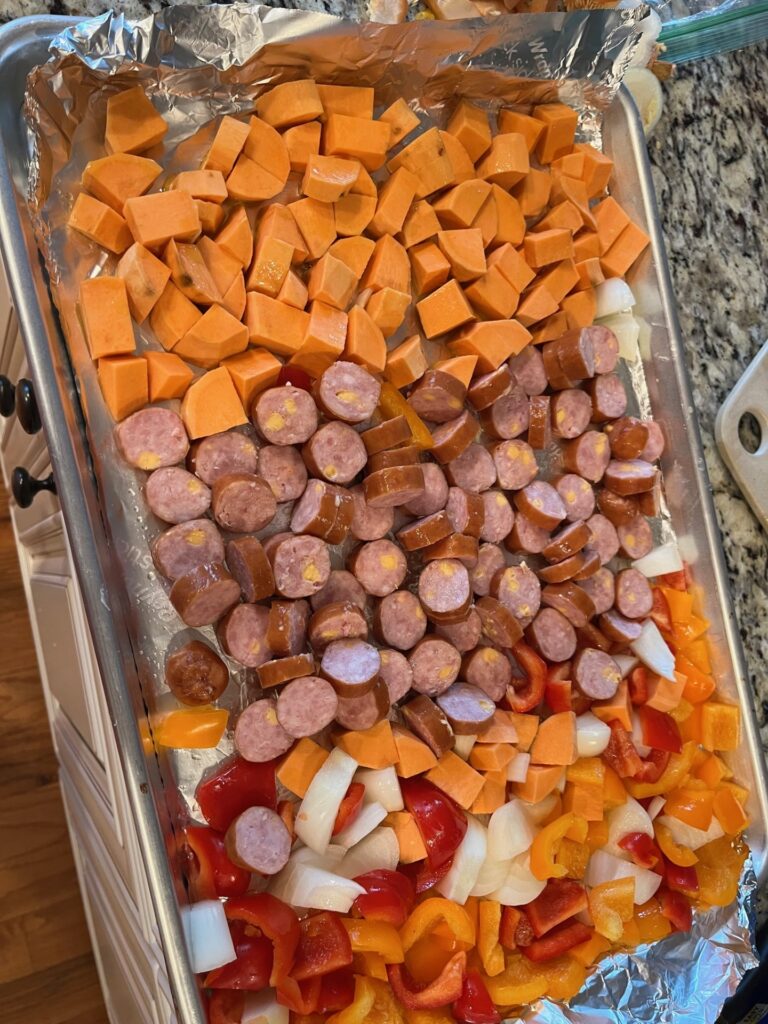 raw sausage and pepper sheet pan meal 