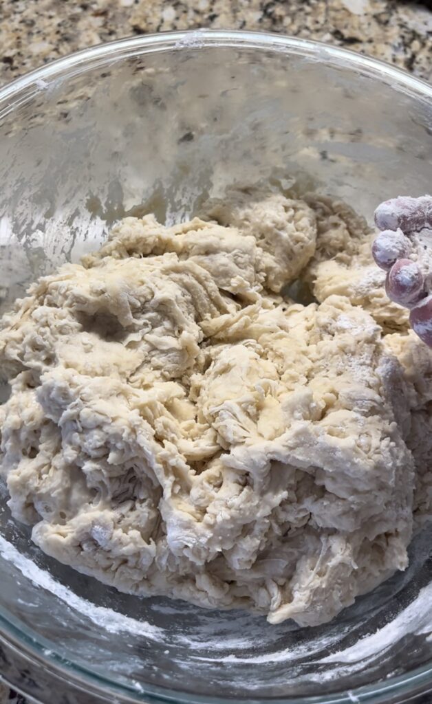 Shaggy bread dough in bowl