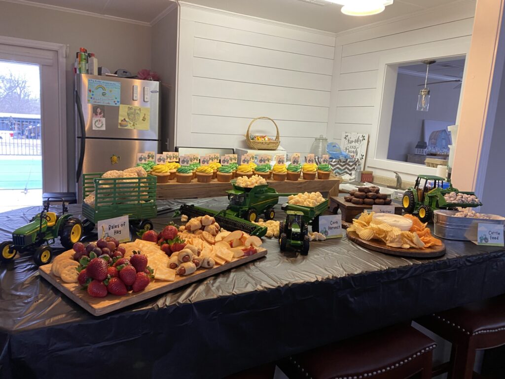 display of John deere toys to serve party food 