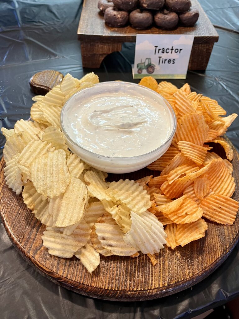 round platter of chips and dip