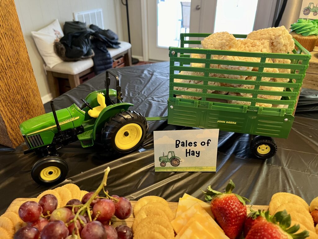 john deere tractor and hay wagon full of rice crispy treats 