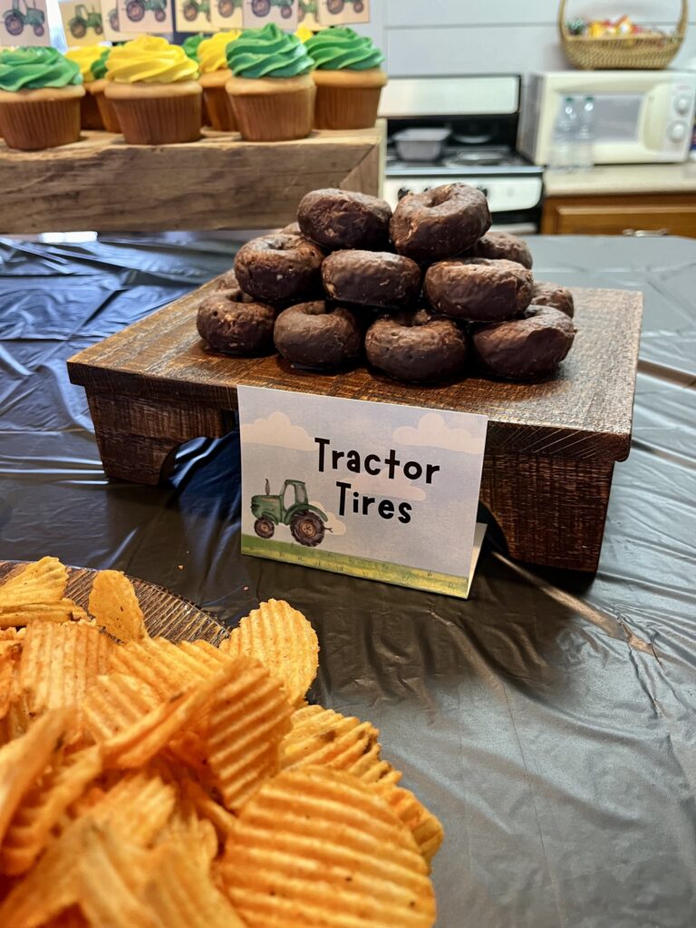 mini chocolate donuts on tray representing tractor tires 